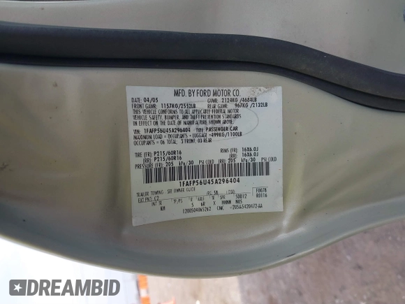 2005 Ford Taurus SEL with VIN 1FAFP56U45A296404, listed as a IAAI auction lot 41783220 with Not Provided miles and . Bid and sale history available at DreamBid. Image 9.