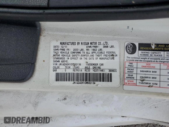 2012 Nissan 370Z z VIN JN1AZ4EH1CM562134, wystawiony jako Copart lot #56708065 z przebiegiem Nie podano mil oraz Szkoda całkowita • Salvage title. Historia ofert i sprzedaży dostępna na DreamBid. Obrazek 13.