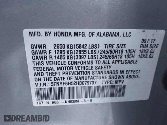 2017 Honda Pilot EX-L with VIN 5FNYF6H52HB079737, listed as a IAAI auction lot 41843889 with Not Provided miles and . Bid and sale history available at DreamBid. Image 9.