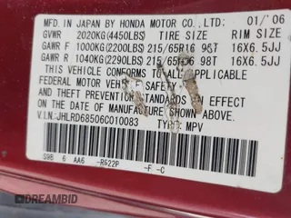 2006 Honda CR-V LX with VIN JHLRD68506C010083, listed as a IAAI auction lot 42104162 with 326,655 mi miles and . Bid and sale history available at carsss.com. Image 9.