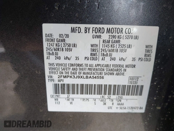 2020 Ford Edge SEL z VIN 2FMPK3J9XLBA54556, wystawiony jako IAAI lot #42179907 z przebiegiem 63 449 mil mil oraz . Historia ofert i sprzedaży dostępna na DreamBid. Obrazek 9.