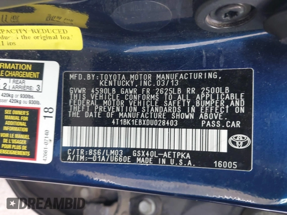 2013 Toyota Avalon XLE with VIN 4T1BK1EBXDU028403, listed as a IAAI auction lot 41545852 with 147,668 mi miles and . Bid and sale history available at DreamBid. Image 9.