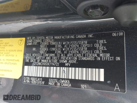 2009 Lexus RX 350 with VIN 2T2HK31U59C114722, listed as a IAAI auction lot 42049895 with 178,762 mi miles and . Bid and sale history available at DreamBid. Image 9.