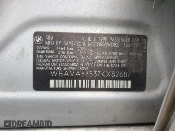 2007 BMW 3 Series 328i with VIN WBAVA33537KX82687, listed as a Copart auction lot 61492395 with 167,903 mi miles and Salvage title. Bid and sale history available at DreamBid. Image 12.