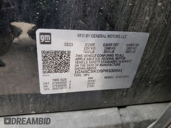 2023 Chevrolet Tahoe Premier with VIN 1GNSCSKD5PR330841, listed as a Copart auction lot 51292555 with 47,798 mi miles and Clean title. Bid and sale history available at DreamBid. Image 13.