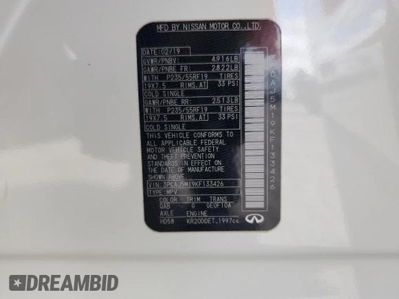 2019 Infiniti QX50 LUXE with VIN 3PCAJ5M19KF133426, listed as a Copart auction lot 50993375 with 60,799 mi miles and Salvage Title. Bid and sale history available at carsss.com. Image 14.