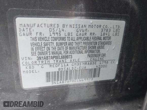 2014 Nissan Sentra S with VIN 3N1AB7AP8EL669973, listed as a IAAI auction lot 41463094 with 94,150 mi miles and . Bid and sale history available at DreamBid. Image 9.