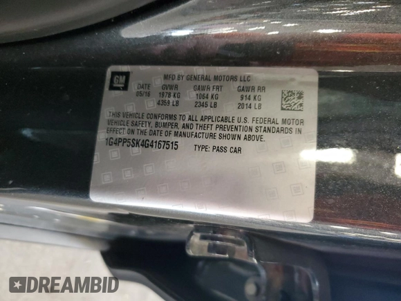 2016 Buick Verano with VIN 1G4PP5SK4G4167515, listed as a Copart auction lot 61451975 with 53,866 mi miles and Salvage title. Bid and sale history available at DreamBid. Image 12.