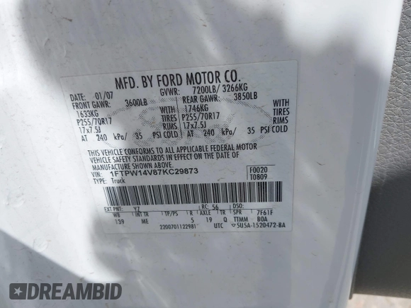 2007 Ford F-150 XLT с VIN 1FTPW14V87KC29873, выставлен на аукционе IAAI как лот 42352454 с пробегом 200 925 миль миль и . История ставок и продаж доступна на DreamBid. Изображение 9.