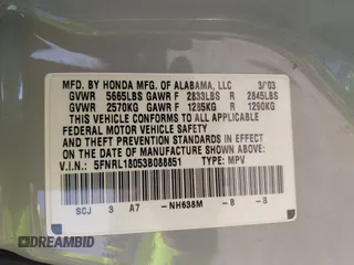 2003 Honda Odyssey EX-L z VIN 5FNRL18053B088851, wystawiony jako IAAI lot #42197114 z przebiegiem 219 456 mil mil oraz . Historia ofert i sprzedaży dostępna na DreamBid. Obrazek 9.