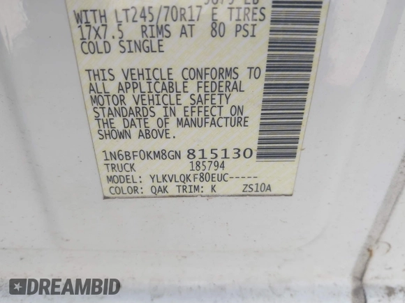 2016 Nissan NV SV with VIN 1N6BF0KM8GN815130, listed as a IAAI auction lot 42253179 with 260,150 mi miles and . Bid and sale history available at DreamBid. Image 9.
