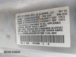 2014 Honda Odyssey EX-L with VIN 5FNRL5H62EB101392, listed as a IAAI auction lot 42689945 with 289,242 mi miles and . Bid and sale history available at DreamBid. Image 9.