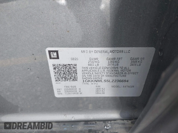 2020 GMC Acadia SLT with VIN 1GKKNMLS5LZ236694, listed as a IAAI auction lot 41535305 with 69,962 mi miles and . Bid and sale history available at DreamBid. Image 9.