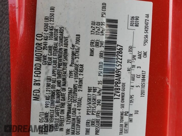 2012 Ford Mustang Premium with VIN 1ZVBP8AM9C5222867, listed as a Copart auction lot 62659515 with 205,708 mi miles and Salvage title. Bid and sale history available at DreamBid. Image 12.
