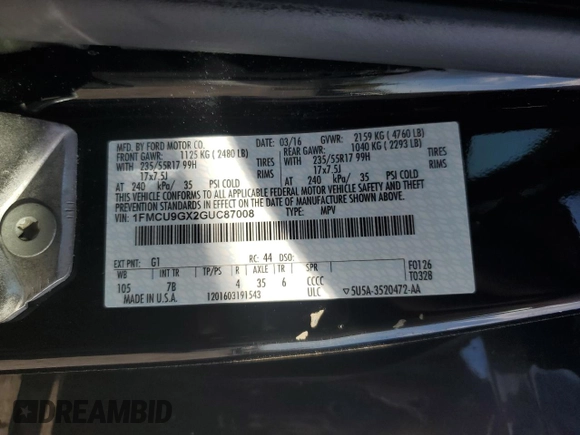 2016 Ford Escape SE with VIN 1FMCU9GX2GUC87008, listed as a Copart auction lot 58035524 with 50,700 mi miles and Salvage Title. Bid and sale history available at carsss.com. Image 13.