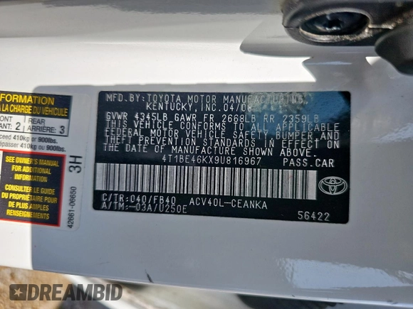 2009 Toyota Camry with VIN 4T1BE46KX9U816967, listed as a Copart auction lot 54517255 with 172,260 mi miles and Clean Title. Bid and sale history available at carsss.com. Image 10.