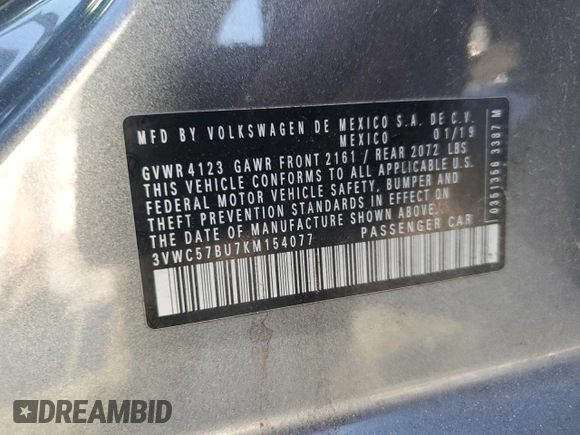 2019 Volkswagen Jetta S with VIN 3VWC57BU7KM154077, listed as a Copart auction lot 52724075 with 109,022 mi miles and Salvage title. Bid and sale history available at DreamBid. Image 13.