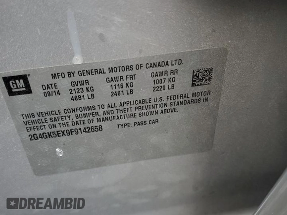 2015 Buick Regal z VIN 2G4GK5EX9F9142658, wystawiony jako Copart lot #53723335 z przebiegiem Nie podano mil oraz Nie do naprawy • Non repairable. Historia ofert i sprzedaży dostępna na DreamBid. Obrazek 13.