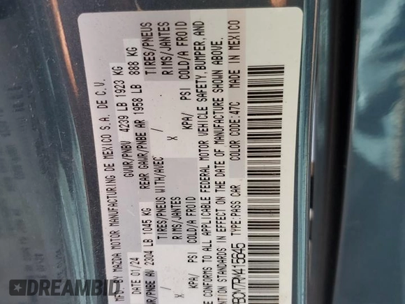 2024 Mazda 3 S Carbon Edition with VIN 3MZBPBCM7RM415645, listed as a Copart auction lot 45153125 with 25,541 mi miles and Salvage title. Bid and sale history available at DreamBid. Image 13.