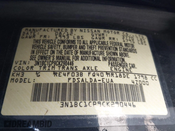 2012 Nissan Versa S with VIN 3N1BC1CP9CK290446, listed as a IAAI auction lot 41861756 with 124,883 mi miles. Bid and sale history available at carsss.com. Image 9.