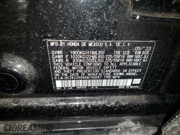 2024 Honda HR-V Sport with VIN 3CZRZ2H56RM700067, listed as a Copart auction lot 46109775 with 38,799 mi miles and Salvage Title. Bid and sale history available at carsss.com. Image 15.