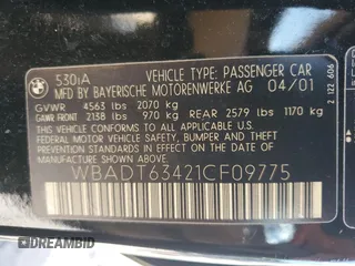 2001 BMW 5 Series 530iA with VIN WBADT63421CF09775, listed as a Copart auction lot 69180694 with 368,937 mi miles and Salvage Title. Bid and sale history available at carsss.com. Image 12.