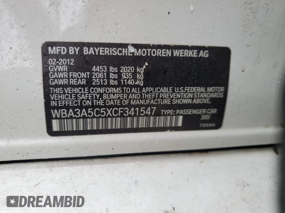 2012 BMW 3 Series 328i with VIN WBA3A5C5XCF341547, listed as a Copart auction lot 51534655 with 207,576 mi miles and Clean Title. Bid and sale history available at carsss.com. Image 12.