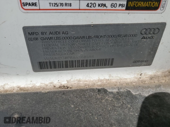 2008 Audi A3 S line with VIN WAUKD78P88A148598, listed as a Copart auction lot 76773884 with 106,152 mi miles and Salvage title. Bid and sale history available at DreamBid. Image 14.