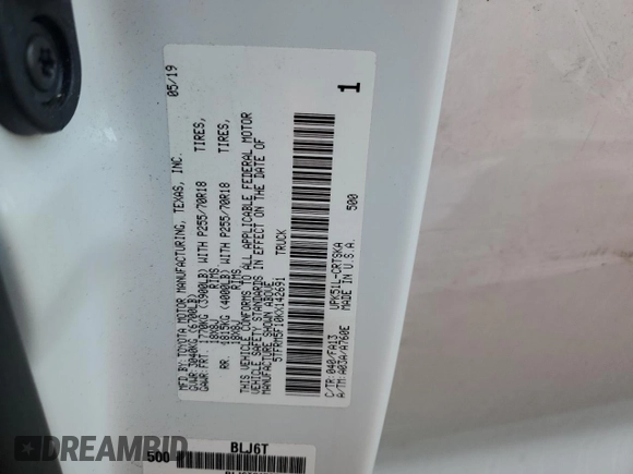 2019 Toyota Tundra SR with VIN 5TFRM5F10KX142691, listed as a Copart auction lot 83976374 with 45,679 mi miles and Salvage title. Bid and sale history available at DreamBid. Image 12.
