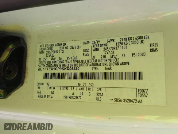 2019 Ford F-150 XL z VIN 1FTEX1CP9KKD06220, wystawiony jako IAAI lot #42606017 z przebiegiem Nie podano mil oraz . Historia ofert i sprzedaży dostępna na DreamBid. Obrazek 9.