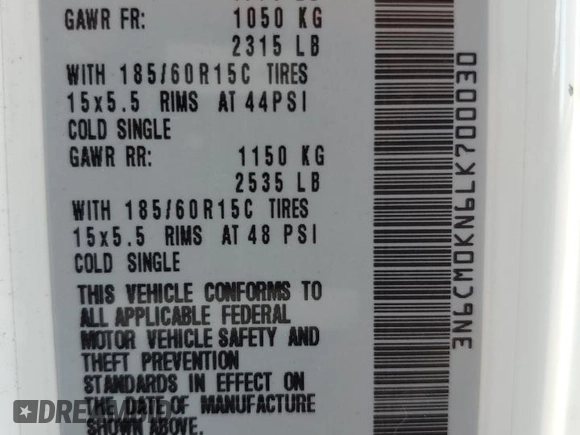 2020 Nissan NV200 SV with VIN 3N6CM0KN6LK700030, listed as a Copart auction lot 48022575 with 90,037 mi miles and Salvage title. Bid and sale history available at DreamBid. Image 15.