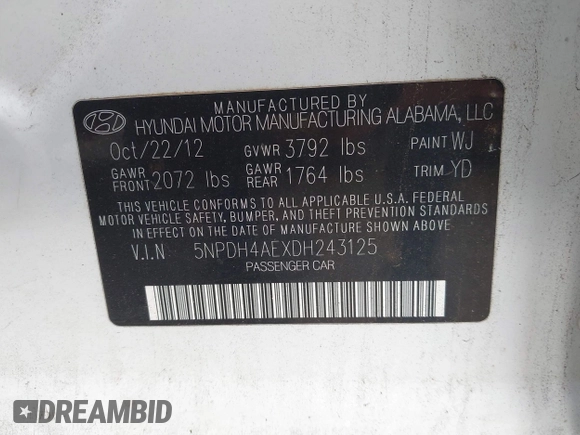 2013 Hyundai Elantra Limited with VIN 5NPDH4AEXDH243125, listed as a IAAI auction lot 41402347 with 118,930 mi miles and . Bid and sale history available at DreamBid. Image 9.