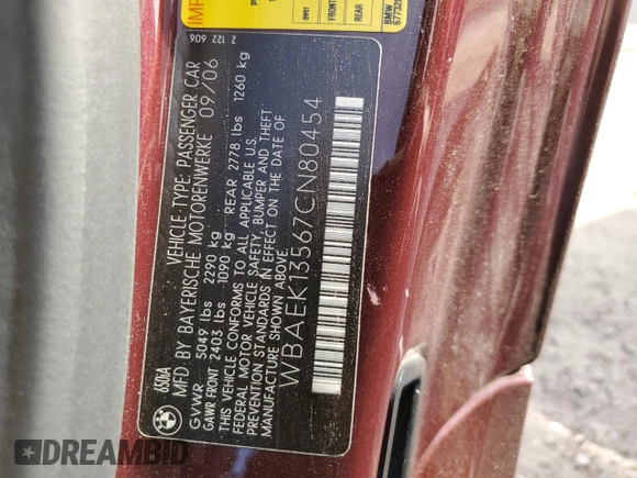 2007 BMW 6 Series 650i with VIN WBAEK13567CN80454, listed as a Copart auction lot 75070664 with 32,610 mi miles and Salvage Title. Bid and sale history available at carsss.com. Image 13.