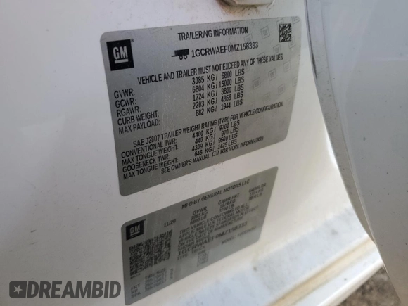 2021 Chevrolet Silverado 1500 Work Truck with VIN 1GCRWAEF0MZ158333, listed as a Copart auction lot 79717694 with Not Provided miles and Salvage Title. Bid and sale history available at DreamBid. Image 12.