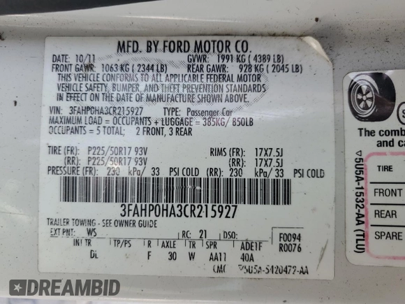 2012 Ford Fusion SE with VIN 3FAHP0HA3CR215927, listed as a Copart auction lot 50864085 with 158,089 mi miles and Salvage Title. Bid and sale history available at carsss.com. Image 12.