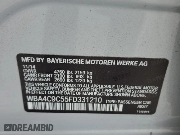 2015 BMW 4 Series 428i xDrive with VIN WBA4C9C55FD331210, listed as a Copart auction lot 54158235 with 88,372 mi miles and Salvage title. Bid and sale history available at DreamBid. Image 12.