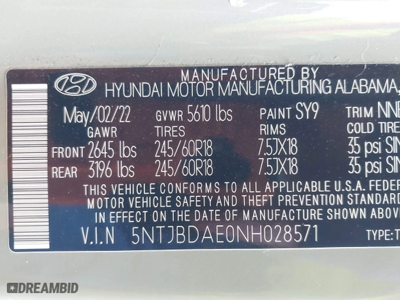 2022 Hyundai Santa Cruz SEL with VIN 5NTJBDAE0NH028571, listed as a IAAI auction lot 41922864 with 39,459 mi miles. Bid and sale history available at carsss.com. Image 9.