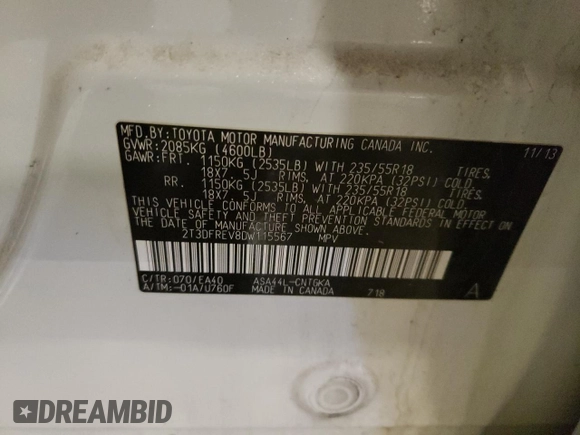 2013 Toyota RAV4 Limited с VIN 2T3DFREV8DW115567, выставлен на аукционе Copart как лот 54350595 с пробегом 112 831 миль миль и Списание • Salvage title. История ставок и продаж доступна на DreamBid. Изображение 14.