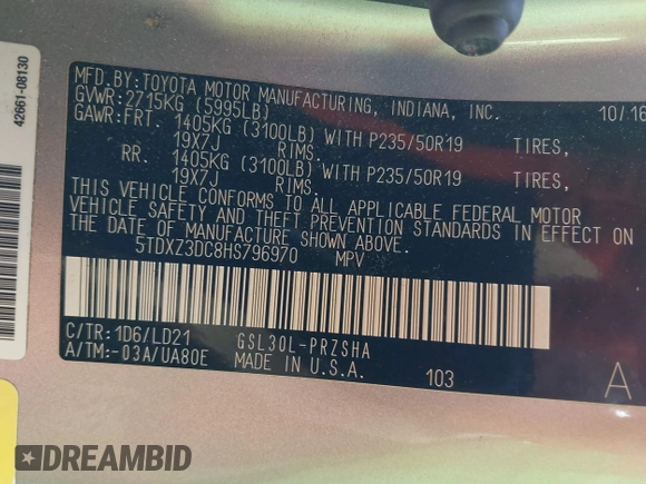 2017 Toyota Sienna SE with VIN 5TDXZ3DC8HS796970, listed as a IAAI auction lot 42272964 with 114,237 mi miles and . Bid and sale history available at DreamBid. Image 9.