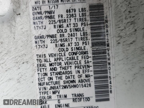 2017 Nissan Rogue SL with VIN JN8AT2MV5HW015426, listed as a Copart auction lot 57619945 with 215,075 mi miles and Salvage title. Bid and sale history available at DreamBid. Image 13.