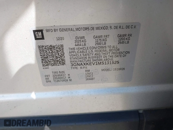 2021 Chevrolet Equinox LT with VIN 3GNAXKEV1MS131525, listed as a IAAI auction lot 40651248 with 86,399 mi miles. Bid and sale history available at carsss.com. Image 9.