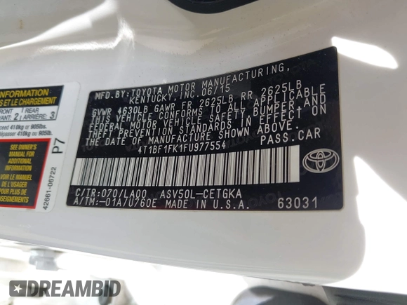 2015 Toyota Camry XLE with VIN 4T1BF1FK1FU977554, listed as a IAAI auction lot 42083589 with 104,811 mi miles and . Bid and sale history available at DreamBid. Image 9.