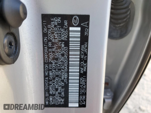 2011 Lexus HS with VIN JTHBB1BAXB2045533, listed as a Copart auction lot 76400204 with 112,082 mi miles and Non Repairable. Bid and sale history available at carsss.com. Image 13.