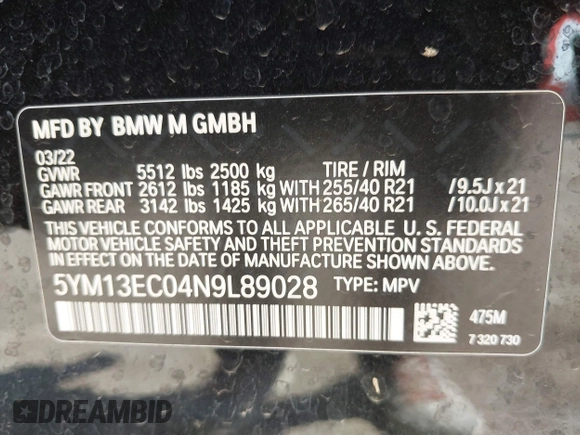 2022 BMW X3 M with VIN 5YM13EC04N9L89028, listed as a IAAI auction lot 42258087 with 23,240 mi miles and . Bid and sale history available at DreamBid. Image 9.