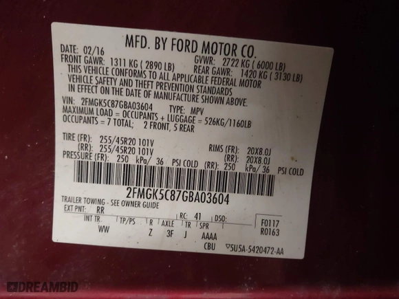 2016 Ford Flex SEL with VIN 2FMGK5C87GBA03604, listed as a IAAI auction lot 41345702 with 125,424 mi miles. Bid and sale history available at carsss.com. Image 9.