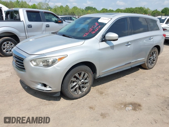 2013 Infiniti JX35 with VIN 5N1AL0MM2DC332434, listed as a IAAI auction lot 42165128 with 182,914 mi miles. Bid and sale history available at carsss.com. Image 2.