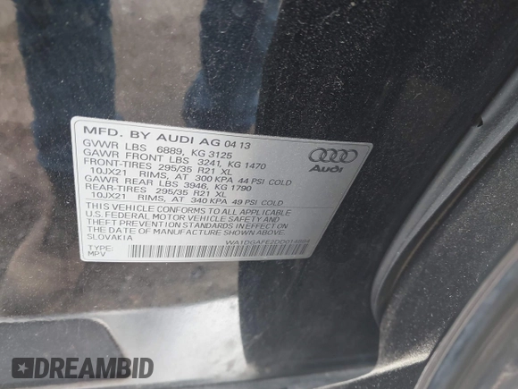 2013 Audi Q7 S line Prestige z VIN WA1DGAFE2DD014884, wystawiony jako IAAI lot #41899713 z przebiegiem 130 141 mil mil oraz . Historia ofert i sprzedaży dostępna na DreamBid. Obrazek 9.