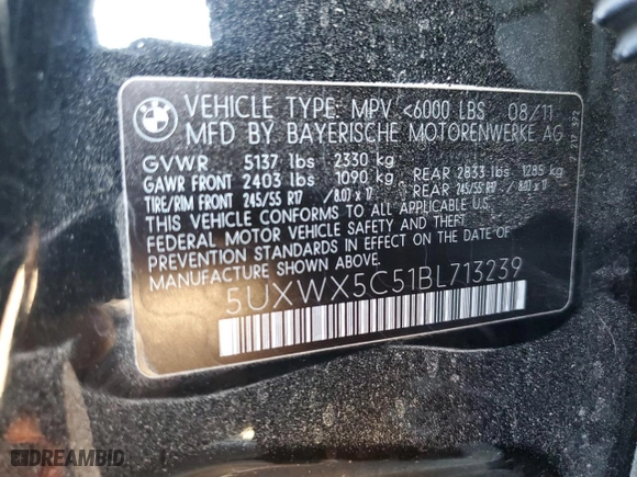 2011 BMW X3 28i with VIN 5UXWX5C51BL713239, listed as a Copart auction lot 48728155 with 155,114 mi miles and Clean Title. Bid and sale history available at carsss.com. Image 13.