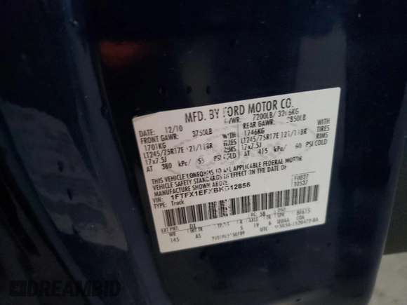 2011 Ford F-150 XL with VIN 1FTFX1EFXBKD12858, listed as a Copart auction lot 80333384 with 210,839 mi miles and Salvage title. Bid and sale history available at DreamBid. Image 12.
