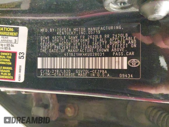 2019 Toyota Camry XSE с VIN 4T1BZ1HK4KU028031, выставлен на аукционе IAAI как лот 41411989 с пробегом 105 774 миль миль и . История ставок и продаж доступна на DreamBid. Изображение 9.